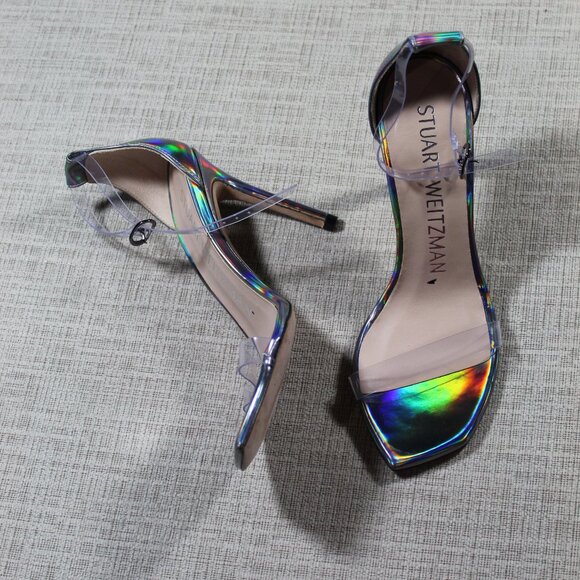 NWOT Stuart Weitzman Size 6.5 Silver and Clear Square Toe 4" Heels - Picture 1 of 6